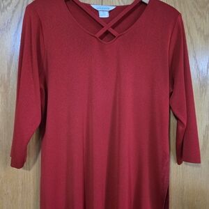 Misook Red Cross-Detail V-Neck Top